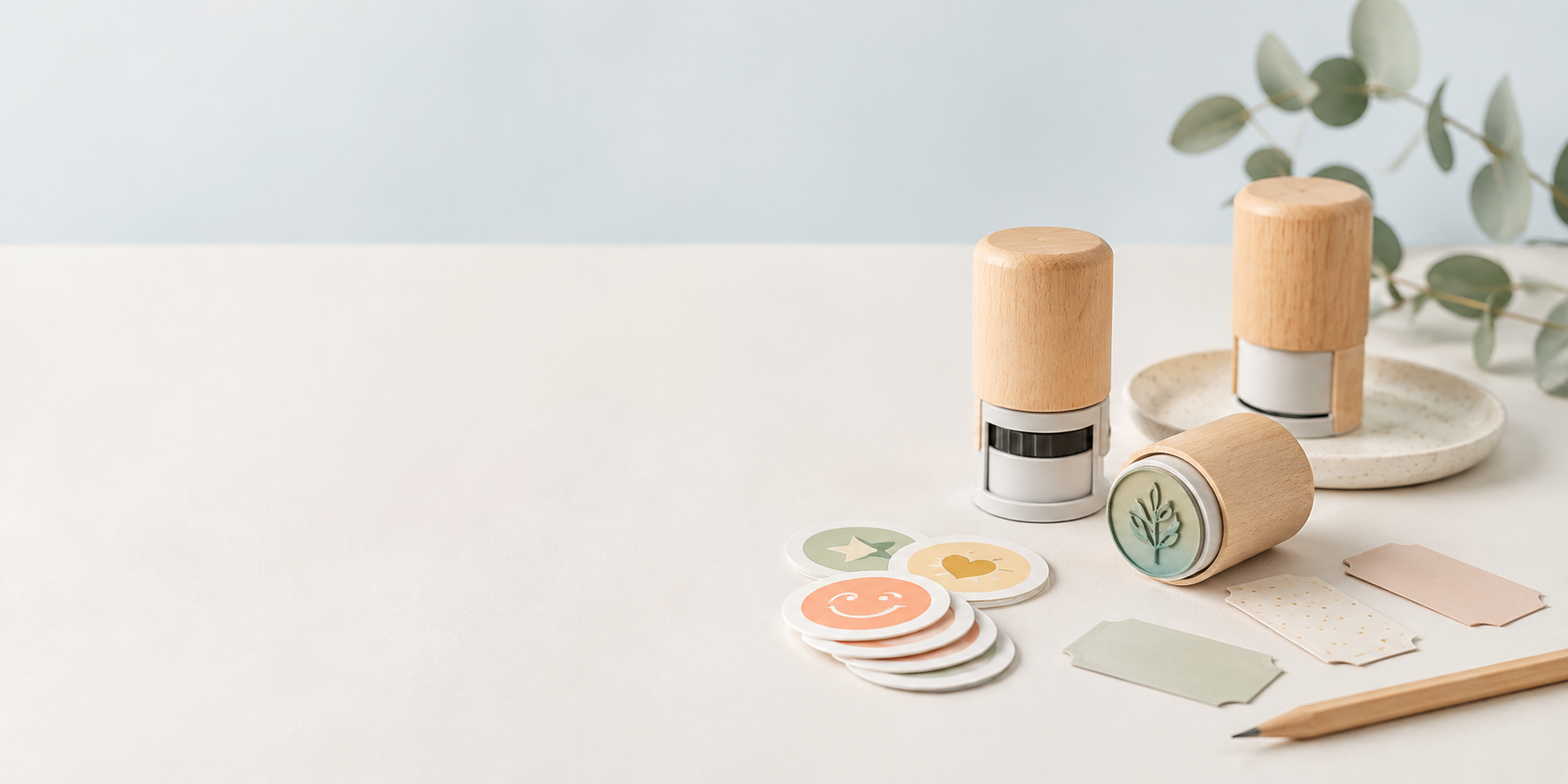 Teacher stamps and classroom reward stickers on a desk